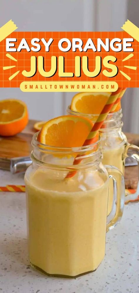 Learn how to make an Orange Julius! This easy spring recipe is a food court copycat. In less than 5 minutes, you can have a creamy and refreshing homemade Orange Julius! Gotta love an easy spring drink with just 5 ingredients! Orange Julius Recipe Original, Easy Orange Julius Recipe, Copycat Orange Julius, Orange Julius Copycat Recipe, Orange Julius Recipe, Easy Spring Recipes, Spring Drink, Homemade Smoothies, Orange Julius