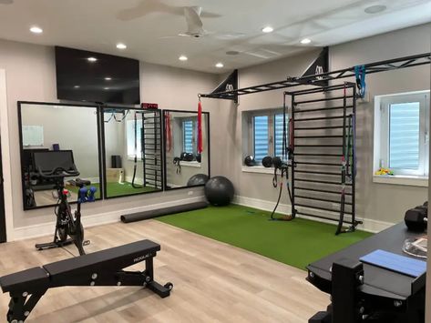 Garage To Workout Room, Basement Work Out Room, Basement Gym And Bar, Finished Basement Workout Room, Game Room And Workout Room Combo, Game Room Gym Combo, Home Gym In Basement Ideas, Large Home Gym Ideas, Basement Weight Room