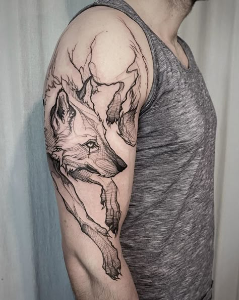 Maned Wolf Tattoo, Blackwork Wolf Tattoo, Lycan Tattoo, Tattoos For Guys Unique, Wolf Arm Tattoo, Wolf Tattoo Sketch, Wolf Skull Tattoo, Arm Tattoo Inspiration, Collar Bone Tattoos