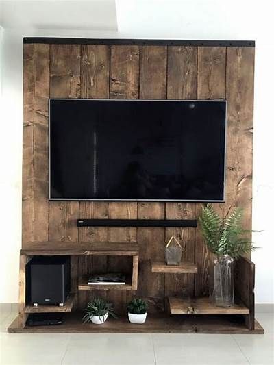 Industrial Living Room Tv Wall, Tv Unit Decor Wooden, Tv Wall Design Living Room Wood, Tv Unit Wooden Design, Wooden Tv Wall Design, Wooden Wall Tv, Wooden Tv Unit Design, Rustic Tv Wall Ideas, Tv Unit Diy