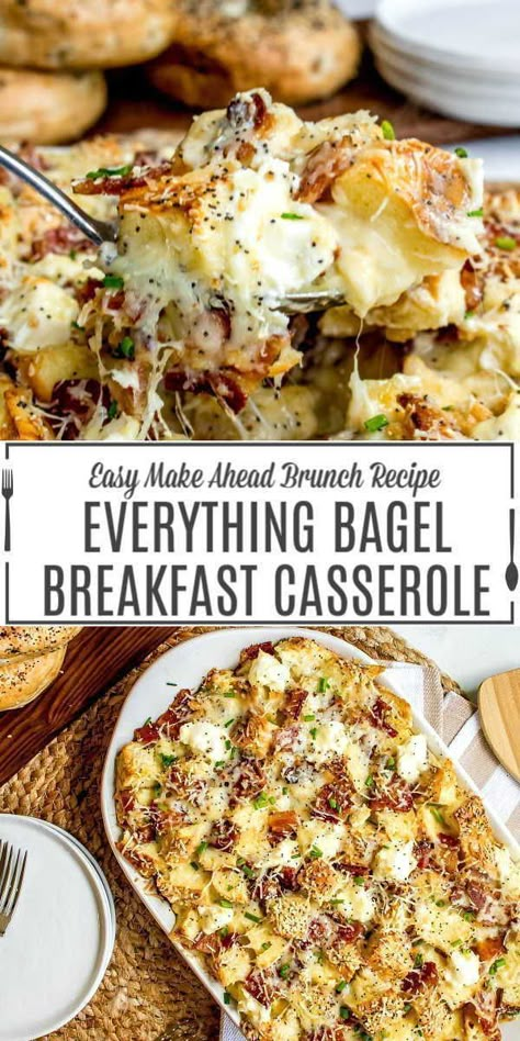 This everything bagel make-ahead breakfast casserole is an easy brunch recipe for weekends or holidays. This brunch recipe uses bagels, cheese, and bacon for a casserole that everyone will love! Make this breakfast casserole for family breakfasts and events! Make Ahead Brunch Recipes, Savoury Breakfast, Make Ahead Breakfast Casserole, Make Ahead Brunch, Brunch Casserole, Breakfast Bagel, Easy Brunch Recipes, Diner Recept, Easter Brunch Food