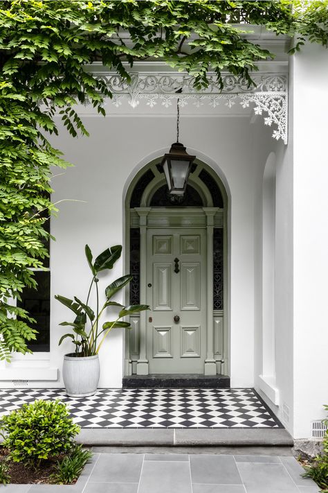 traditional-style home entry with sage green door and black and white checkerboard tiles English Homes Interiors, Verandah Tiles, English Tiles, Green Front Door, Terrace House Exterior, Villa Renovation, White Villa, Marble Bathrooms, Victorian Villa