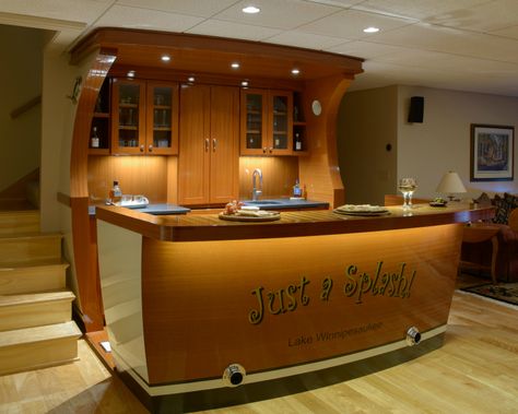 Custom Boat Bar - Wood and Clay | Fine Homes | Gilford NH Nautical Bar, Small Lake Houses, Boat Furniture, Boat Bar, Bar Wood, Home Bar Rooms, Classic Wooden Boats, Outdoor Kitchen Bars, Lake Houses