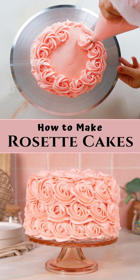 piping rosettes on a cake and a decorated rosette cake. Basic Cake Icing Design, Piped Birthday Cake Ideas, How To Make A Round Birthday Cake, Cake Decorating Rosettes, Rose Covered Cake, Rose Piping Cake, How To Make A Rosette Cake, Rosette Buttercream Cake, Birthday Cake Women Simple