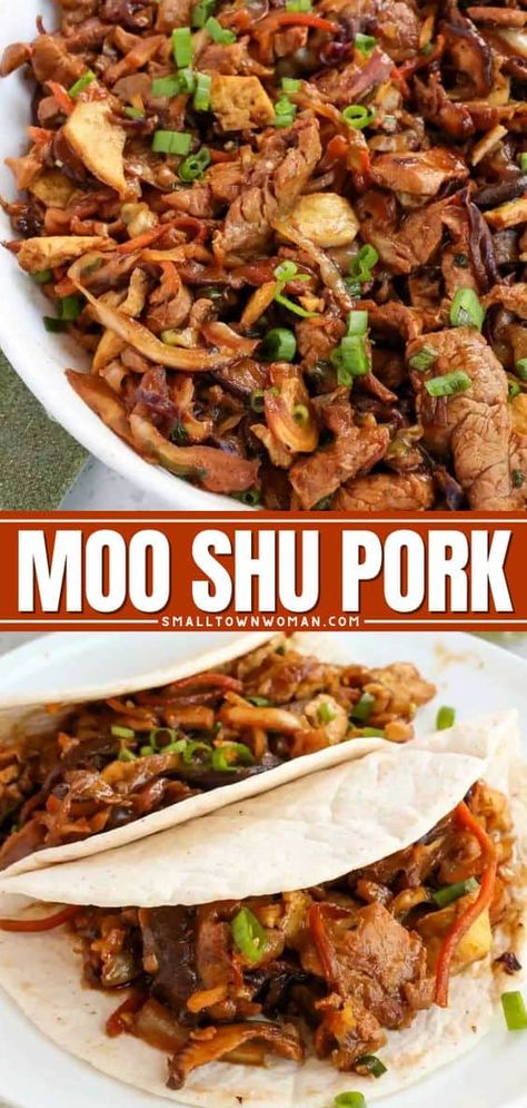 Moo Shu Pork, Moo Shu, Small Town Woman, Cake Pizza, Recipes Chili, Homemade Chinese Food, Asian Pork, Pork Stir Fry, Pizza Sandwich