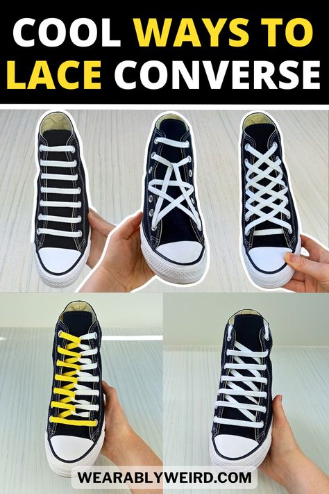 How To Straight Lace Shoes, Different Ways To Lace Converse, 7 Hole Shoe Lace Patterns, Cool Ways To Lace Converse, Ways To Tie Converse, Fun Ways To Tie Shoe Laces, Fun Ways To Lace Shoes, Lace Shoes Ideas, Lattice Lacing Shoes