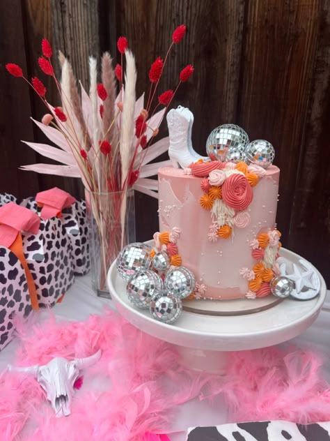 Preppy Cowgirl Party Ideas, 18th Birthday Cake Cowgirl, Pink Western Cake Cowgirl Birthday, Dolly Parton Themed Birthday Cake, Cowgirl Disco Centerpiece, Last Rodeo Bachelorette Cake, 21st Birthday Ideas Disco Cowgirl, Cowgirl 25th Birthday, Disco Cowgirl Bachelorette Cake