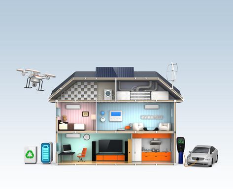 Smart house with energy efficient appliances. No text. royalty free illustration Solar Power House, Smart House, Energy Efficient Appliances, Electric Vehicle Charging, Energy Efficient Homes, Free Illustration, Space Available, Electric Vehicle, Home Automation