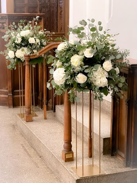 Floral Decor — allthatbloomsmke.com Church Wedding Flowers Altar Catholic, Alter Arrangements Wedding, Church Wedding Flowers Altar, Wedding Flower Arrangements Church, Wedding Alter Flowers, Altar Flower Arrangements, Altar Flowers Wedding, Simple Church Wedding, Ceremony Decorations Church