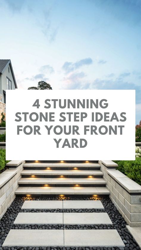 Discover 4 stunning stone step ideas to elevate your front yard! Stone Front Steps Entrance, Elevated Front Yard, Front Garden Steps, Wide Front Porch Steps, Front Door Steps Ideas Entrance Stairs, Front Yard Deck Ideas Entrance, Entry Stairs Exterior, Front Yard Steps Pathways, Stone Steps Front Door