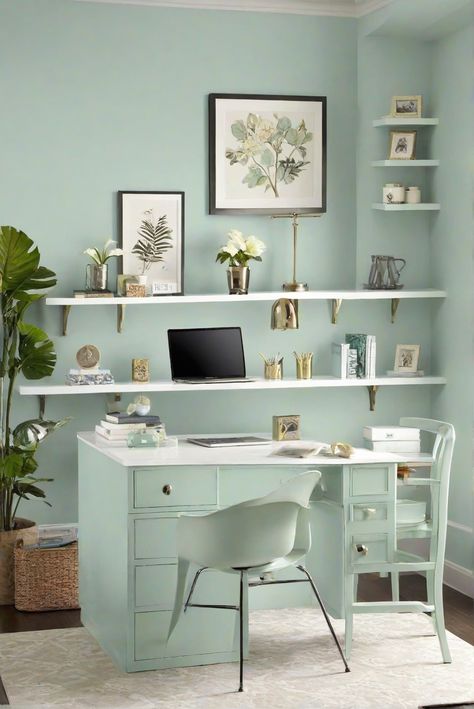 Discover the ultimate choice for your home office in 2024 with RAINWASHED(SW6211) wall paint. Unveil top picks and transform your workspace effortlessly. #ad      #HomeOffice  #ColorfulInteriors  #DIYpainting  ##DIYhomedecor  #cozyhome Wall Color Combinations Living Rooms, Colour Schemes Green, Green And Brown Living Room, Mint Green Office, Aqua Office, Home Office Interior Design Ideas, Kitchen Wall Color, Wall Color Schemes, Home Office Interior Design