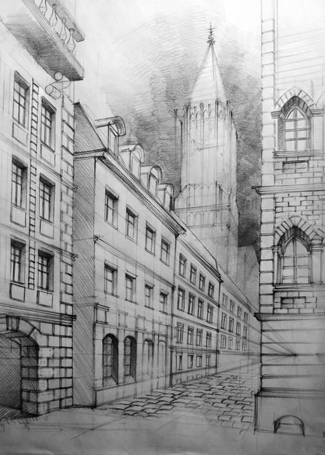 City Landscape Perspective, Cityscape Sketch Easy, City Landscape Drawing Pencil, Perspective Art City, Building Perspective Drawing, City Drawing Sketches, City View Drawing, City Buildings Drawing, City Perspective Drawing