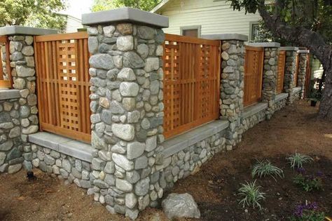 Custom Pillars covered with stone veneer and fine carpentry fence.#constructin #losangeles #theultimatepro Tor Design, Fence Gate Design, Stone Fence, Brick Fence, Building A Fence, Front Yard Fence, Cedar Fence, Modern Fence, Fence Landscaping