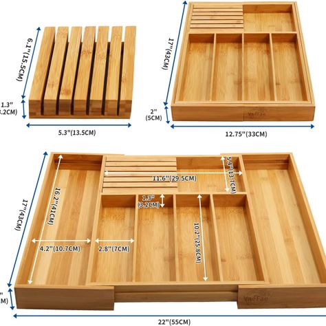 Hold all your kitchen utensils, cutlery and flatware invisible in drawer. This wood silverware drawer organizer has 5-7 large compartments and removable knife block to hold knives. Easy to find every time when you need them Utensils Drawer, Wooden Drawer Organizer, Kitchen Utensil Drawer Organization, Kitchen Utensil Drawer, Cutlery Drawer Organization, Bamboo Silverware, Flatware Drawer, Silverware Drawer Organizer, Kitchen Drawer Storage