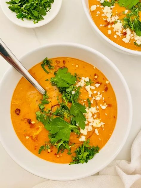 This Greek style red lentil soup is full of bold flavor and can be on your table in under 30 minutes. Red lentils are combined with onions, carrots, garlic and tomato purée and then seasoned with cumin, oregano, thyme and crushed red pepper. The finishing touch of bright lemon juice and tangy feta makes this soup one of my absolute favorites! I love making a big batch of this soup, and freezing some so I can defrost it on busy weeknights for a super quick meal. Serve this soup with a n… Shredded Beef Enchiladas, Southwest Quinoa Salad, Fruit Leather Recipe, Mexican Shredded Beef, Gourmet Soup, Stuffed Peppers Turkey, Strawberry Salsa, Smoked Pulled Pork, Red Lentils