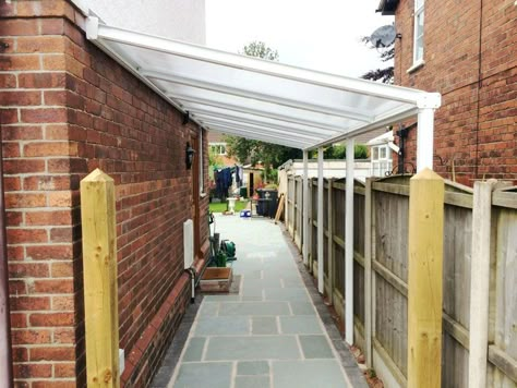 Side Veranda, Newcastle-under-Lyme, Staffordshire, Mrs Zandy Side Passage Ideas, Side Alley Ideas, Patio Veranda, Corrugated Roof, Sas Entree, Curved Pergola, Shed Landscaping, Rustic Pergola, Glass Patio