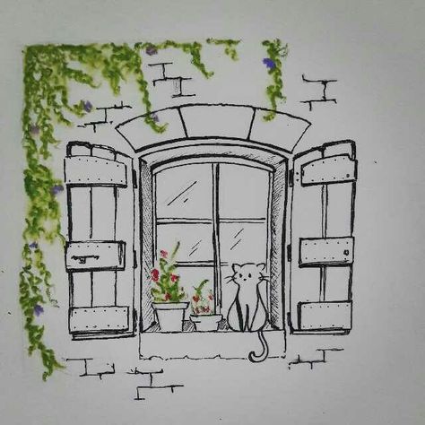 Buildings Illustration Simple, Architecture Doodle Art, Cute Sketches Aesthetic Doodle, Window Drawing Sketch, Window Drawing Easy, How To Draw Buildings, Room Drawings Sketches, Building Sketches Simple, Architecture Drawing Easy