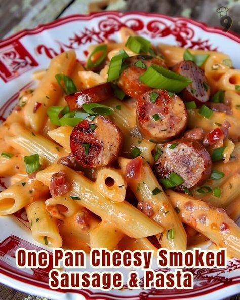 One-Pan Cheesy Smoked Sausage & Pasta 2 Smoked Sausage Pasta Bake, Smoked Sausage Blackstone Recipes, Smoked Sausage Low Carb Recipes, One Pot Cheesy Sausage Pasta, Easy Smoked Sausage Skillet, What To Make With Chicken Sausage, Hillshire Farm Sausage Recipes Pasta, Cajun Sausage Pasta Recipes, Jalapeno Cheddar Smoked Sausage Recipes