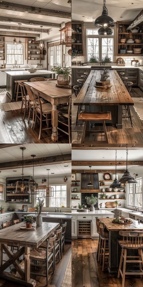 Table In Place Of Island, Built In Kitchen Table Island, Rustic Eat In Kitchen, Huge Kitchen Island With Seating Farmhouse, Antique Buffet Kitchen Island, Farm Table Kitchen Island, Unique Kitchen Table Ideas, Farmhouse Table Island, Kitchen With Dining Table In The Middle