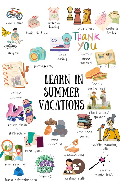 Explore ideas for your child to learn in these summer vacations. Things To Do During Vacation At Home, Things To Do In Vacation At Home, Summer Bucket List For Kids, Summer Vacation Activities, Summer Boredom Busters, Summer Routine, Improve Drawings, Boredom Busters For Kids, Summer Boredom