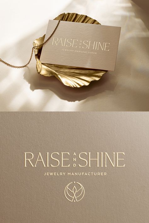 Jewelry Brand Design for Raise and Shine, a sustainable Gold Jewelry Manufacturer, focusing on sustainable materials. Baghira Design was asked to design the jewelry logo, packaging, business cards and more. Jewelry Store Logo Ideas, Luxury Jewelry Branding, Jewelry Names For Business, Jewelry Logo Design Jewellery, Jewelery Logos Design, Jewelry Brand Logo Ideas, Jewelry Logo Branding, Gold Jewelry Packaging, Gold Logo Design Ideas