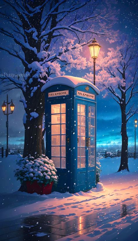 Night Light Painting, Snowy Night Painting, Night Drawing, Night Illustration, Vision Art, Snowy Night, Xmas Wallpaper, Christmas Wallpapers, Phone Booth