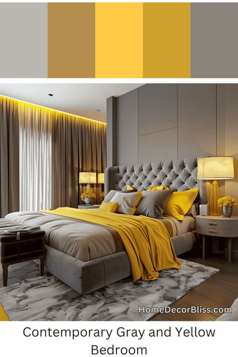 Contemporary Bedroom Design: Grey Tufted Headboard and Yellow Accents Yellow Brown Bedroom, Yellow And Gray Bedroom Ideas, Grey Headboard Bedroom Color Schemes, Grey Yellow Bedroom, Gray And Yellow Bedroom Ideas, Contemporary Bedroom Design Ideas, Grey Tufted Headboard, Charcoal Headboard, Grey And Yellow Bedroom