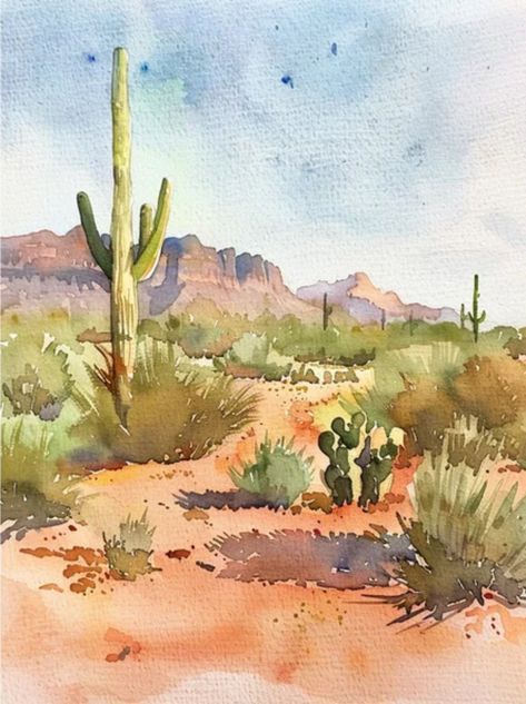 Desert Rose Watercolor, Desert Painting Watercolor, Sedona Watercolor, Desert Watercolor Paintings, Winter Scenes To Paint, Southwest Watercolor, Cactus Watercolor Painting, Desert Watercolor, Scenes To Paint