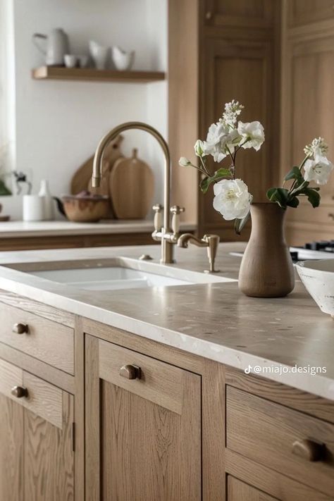 Coastal Kitchens With Wood Cabinets, Aesthetic Kitchen Colors, Beige Wood Kitchen Cabinets, Beech Wood Kitchen Cabinets, Light Wash Cabinets, Cabinet Wood Types, Natural Wood Tone Kitchen Cabinets, Natural Brown Kitchen Cabinets, Coastal Kitchen With Natural Wood Cabinets