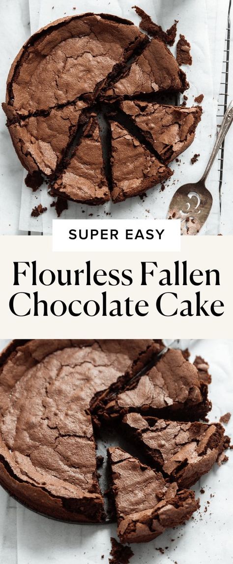 This flourless chocolate cake is super chocolatey with the most amazing fudgy, yet light texture. DROOL. Plus this fallen chocolate cake only calls for 7 ingredients! Flourless Chocolate Cake Ina Garten, Flour Less Chocolate Cake, Chocolate Torte Flourless, Broma Bakery Gluten Free, Broma Bakery Chocolate Cake, Flour Free Chocolate Cake, Flourless Chocolate Desserts, Passover Flourless Chocolate Cake, Fallen Chocolate Cake