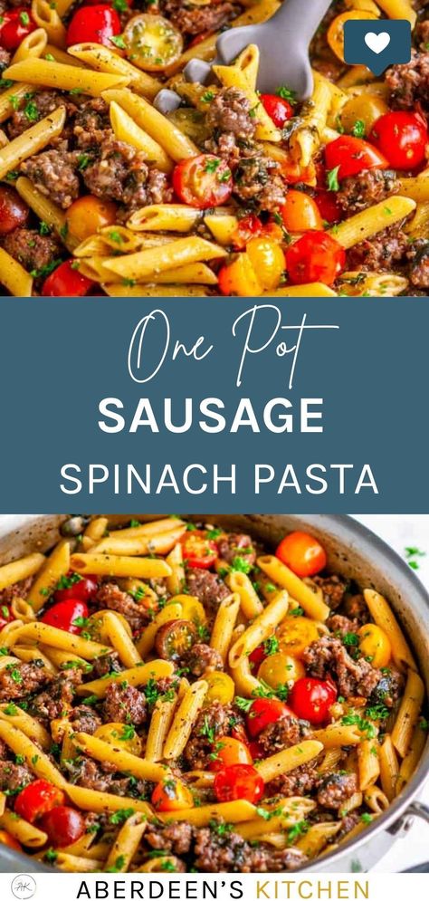 You will love this One Pot Sausage Spinach Pasta - First, and most obviously, it's in one pot. The ultimate win. You cook the pasta right in the skillet with the sausage and veggies!Two, it takes less than 30 minutes. Quick and easy!Third, it's delicious. One Pot Kielbasa, Sausage Pasta Recipes Easy, One Pot Sausage Pasta, One Pot Sausage, Kielbasa Pasta, Sausage Pasta Recipe, Mascarpone Sauce, Sausage Spinach Pasta, Easy Pasta Dinner Recipes