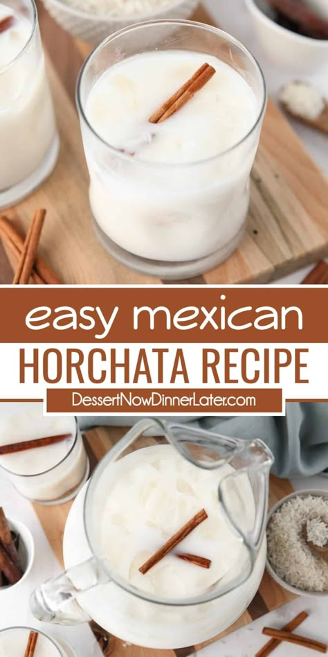 This easy Horchata recipe is sweet, creamy and refreshing. A popular authentic Mexican drink made with rice, cinnamon, and milk. Skip the drink mix and make homemade horchata with this step-by-step photo tutorial. Perfect for Cinco de Mayo! Horchata Recipe Mexican, Easy Horchata Recipe, Easy Horchata, Rice And Milk, Rice Cinnamon, Cinnamon Rice, Mexican Drink Recipes, Mexican Horchata, Homemade Horchata