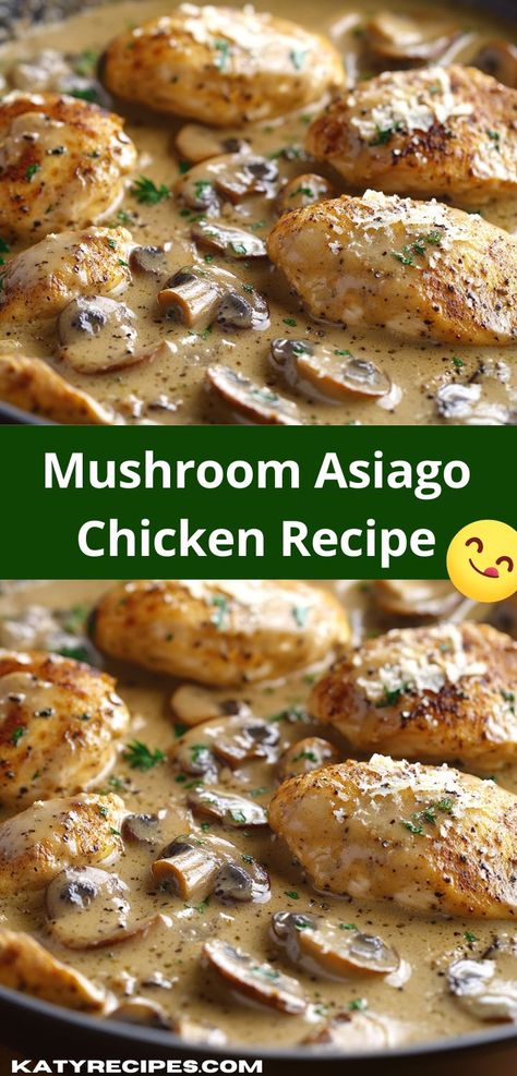 Savor the rich flavors of this Mushroom Asiago Chicken recipe. Juicy chicken is sautéed with earthy mushrooms, finished with melted Asiago cheese, creating a deliciously satisfying meal the whole family will love. Mushroom Asiago Chicken Recipe, Mushroom Asiago Chicken, Chicken Asiago, Cha Cha Chicken, Asiago Chicken, Dinner For Family, Dinner Ideas For Two, Dinner Ideas Recipes, Creamy Cheese Sauce