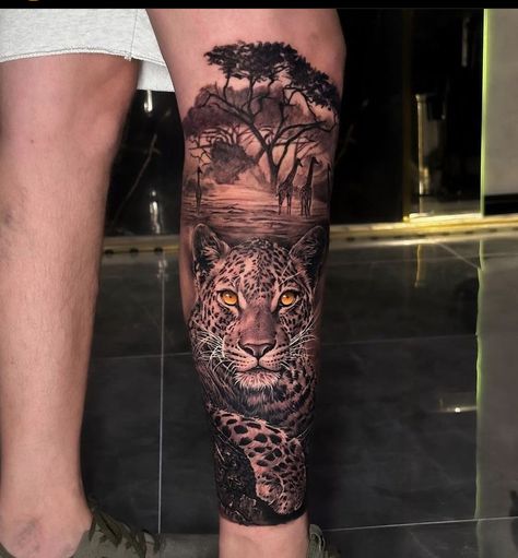 For Leg Tattoo, African Sleeve Tattoo, Jungle Tattoo, Big Cat Tattoo, Africa Tattoos, Jaguar Tattoo, Animal Sleeve Tattoo, Animal Sleeve, Tattoo Coloring Book