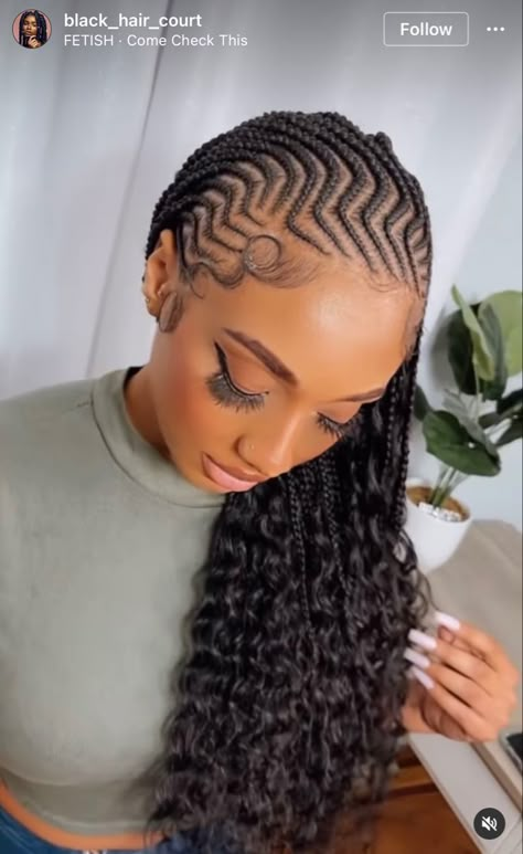 Gana Braids Hairstyles, Braided Ponytail Hairstyles Cornrow, Row Back Braids, Box Braids With Cornrows On Top, Cornrow With Box Braids In The Back, Zig Zag Braids For Black Women, Half Box Braids Half Cornrows, Cornrows With Twists In The Back, Space Bun Ideas