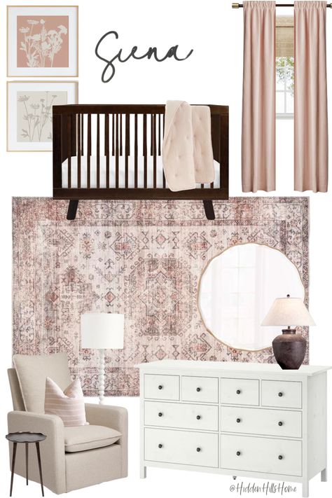 Baby girl nursery mood board with pink and dark brown tones throughout! This design features a walnut colored crib, a white dresser, and pink accents throughout Black Crib Nursery, Dark Wood Nursery, Organization Kids Room, Nursery Dark Furniture, Brown Nursery, Room Murals, Girly Nursery, Rose Nursery, Baby Room Organization