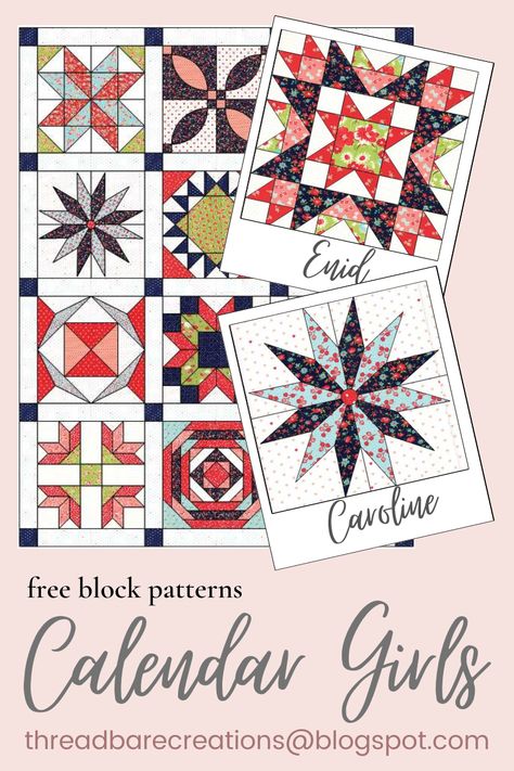 Calendar Girls - Free Block Patterns - Threadbare Creations Make Candles Diy, Threadbare Creations, Quilt Block Of The Month, Calendar Quilts, Make Your Own Candles, Baby Quilt Size, Calendars 2024, Recipes Tutorials, Quilt Block Patterns Free