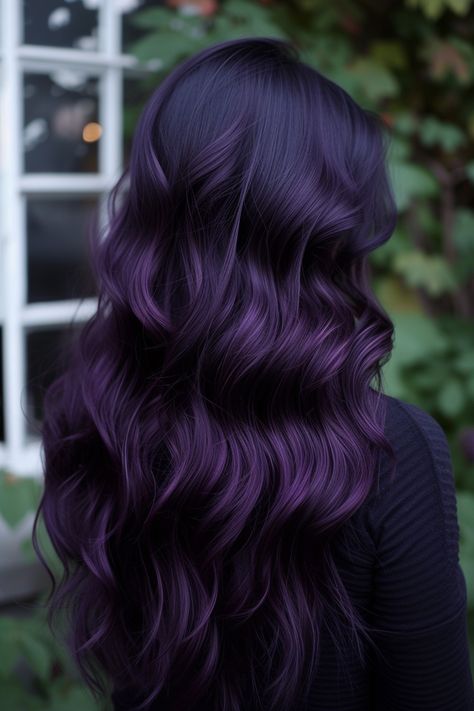 Pop Hair Color Ideas, Royal Purple Highlights, Dark Hair Purple Balayage, Dark Brown And Dark Purple Hair, Dark Purple Hair Inspiration, Violet Purple Hair Color, Darker Purple Hair, Dyed Hair Purple Highlights, Purple In Dark Brown Hair