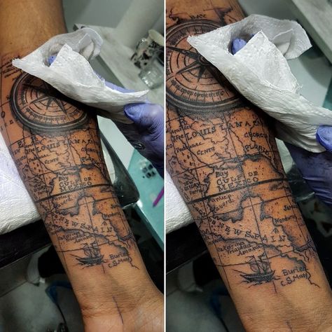 Voll Arm-tattoos, Nautical Tattoo Sleeve, World Map Tattoos, Map Tattoo, Pirate Tattoo, Map Tattoos, Nautical Tattoo, Disney Tattoo, Best Sleeve Tattoos