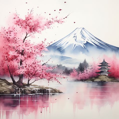 Japan Cherry Blossom Painting, Cherry Blossom Landscape Drawing, Mt Fuji Watercolor, Watercolor Art Cherry Blossom, Mount Fuji Watercolor, Japan Watercolor Painting, Watercolor Japanese Art, Japanese Watercolor Paintings, Mount Fuji Painting