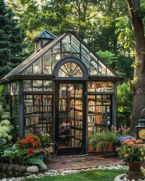 Enclosed Garden Structures, Dark Academia Garden, Book Shed, Greenhouse Library, Art Studio Shed, Greenhouse She Shed, Coffee Books And Rain, Books And Rain, Dark Academia Home