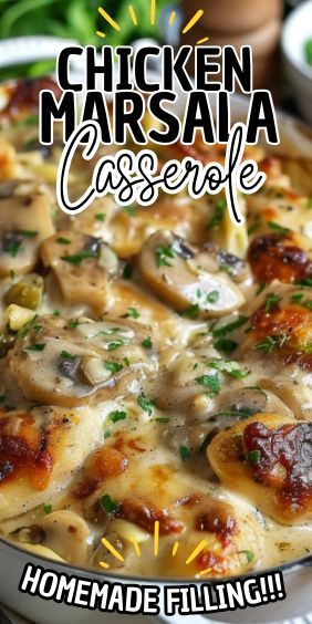 Let me introduce you to Chicken Marsala Casserole. This recipe takes the classic flavors of Chicken Marsala and transforms them into a hearty, satisfying casserole. It’s the perfect combination of… Marsala Chicken And Rice Casserole, Marsala Chicken Casserole, Chicken Marsala Casserole Recipe, Chicken Marsala For A Crowd, Baked Chicken Marsala, Chicken Marcella, Chicken Marsala Casserole, Cheesey Chicken, Souper Cubes