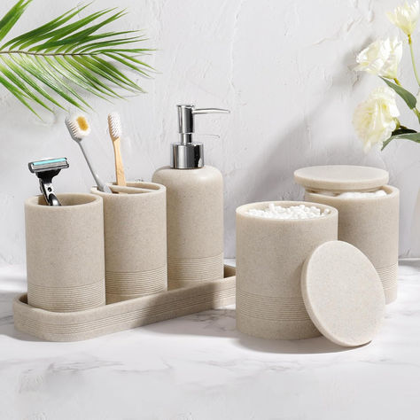 Bathroom Accessories Set, 6-Piece Bathroom Accessory Set, Toothbrush Holders Set, Soap Dispenser, Vanity Tray, Tumbler, Cotton Swab Jars, Bathroom Organizer for Modern Bathrooms - Beige Kawaii Bathroom, Coastal Bathroom Design, Kids Bathroom Accessories, Bathrooms Luxury, Vintage Bathroom Decor, Bathroom Accessories Luxury, Modern Bathroom Accessories, Bathroom Tumbler, Bathroom Storage Solutions