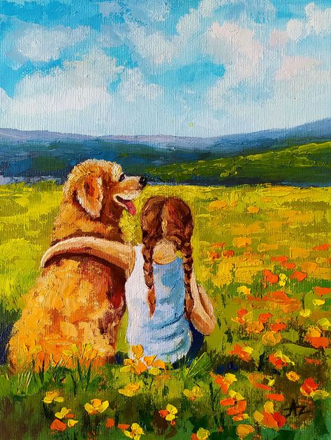 BMLS0OM4OT Landscape With Animals Painting, Dog And Owner Painting, Dog House Drawing, Best Friends Painting, Abstract Girl Painting, Friendship Painting, Abstract Dog Painting, Picture With Flowers, Dog Painting Ideas