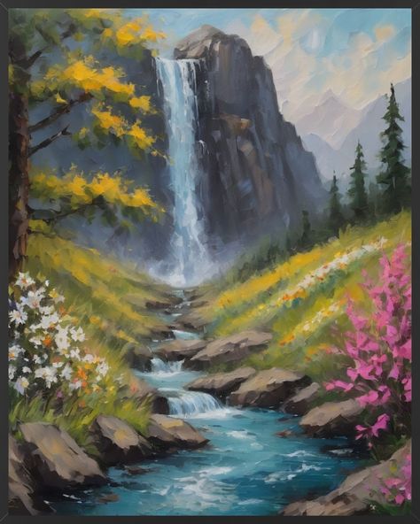 Nature inspired oil painting of a Mountain view with waterfall and flowing river. PRINTABLE ART | 300 DPI resolution for a high-quality print ❖ 1:1 ratio -- 8x8, 10x10, 12x12, 16x16, 20x20 ❖ 2:3 ratio -- 4x6, 8x12, 12x18, 16x24, 20x30, 24x36 ❖ 4:5 ratio -- 4x5, 8x10, 12x15, 16x20, 24x30 ❖ 3:4 ratio -- 9x12, 12x16, 15x20, 18x24 ❖ 11x14 The 5 files will be of the largest size listed for each respective ratio (for example, the 3:4 ratio is a 18x24" file size). This file can be printed at any of the Flowing River Painting, Painting View Nature, Nature Painting Inspiration, Painting Ideas Waterfall, Mountains Oil Painting, Waterfall Painting Easy, River Painting Acrylic, Painting Ideas Mountains, Simple Nature Paintings