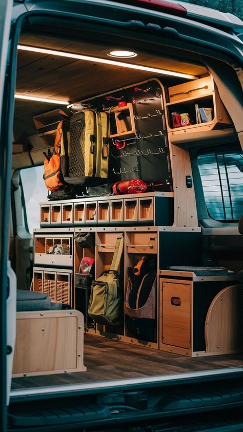 A modular gear wall with customizable storage solutions and flip tables in a versatile van. Van Organization, Mini Caravan, Gear Wall, Cargo Trailer Camper, Pickup Camper, Van Storage, Micro Camper, Bus Life, Travel Van