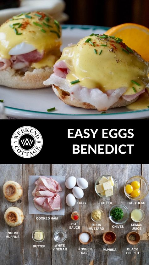 Eggs Benedict with english muffins, cooked ham, eggs, butter, spices and condiments Best Eggs Benedict Recipe, Eggs Benedict Easy, Egg Benedict Recipe, Easy Eggs Benedict Recipe, Easy Hollandaise, Easy Hollandaise Sauce, Easy Eggs Benedict, Homemade Hollandaise Sauce, Benedict Recipe