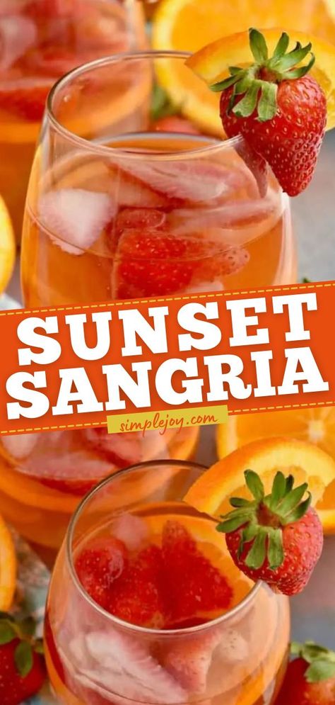 Sunset Sangria, easy 4th of july drinks, summer cocktail ideas Summer Sangria Recipes, Sangria Drink, Strawberry Sangria, Sangria Recipes, Alcohol Drink Recipes, Wine Cocktails, Drinks Alcohol Recipes, Alcohol Recipes, Summer Cocktails