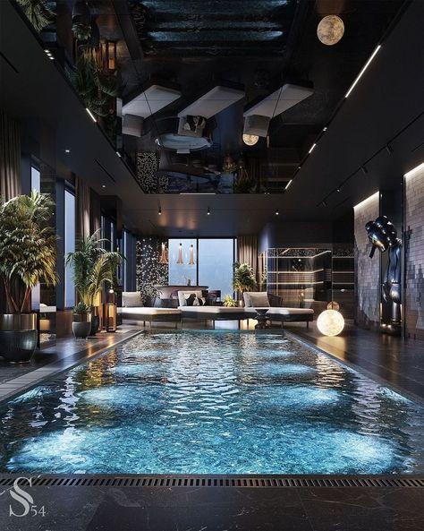 Dark pool interior design Drømme Bad, Moderne Pools, Indoor Pool Design, Dark Modern, Indoor Swimming Pool, Luxury Pools, Indoor Swimming, Luxury Pool, Mansion Interior