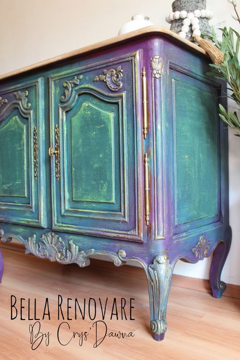 Blue And Purple Furniture, Bohemian Painted Furniture Ideas, Multi Colored Painted Furniture, Rainbow Painted Furniture, Colorful Dressers, Funky Painted Furniture Bright Colors, Boho Painted Furniture, Peacock Furniture, Unique Furniture Painting